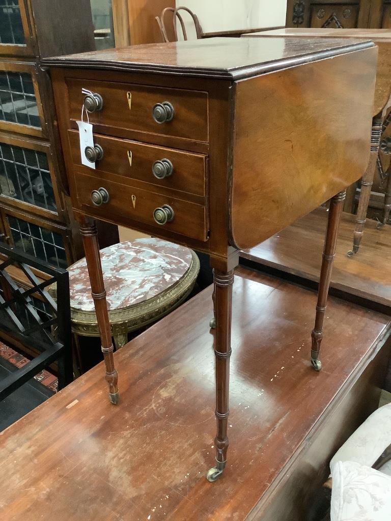 A Regency mahogany three drawer drop leaf work table, width 37cm depth 48cm height 76cm